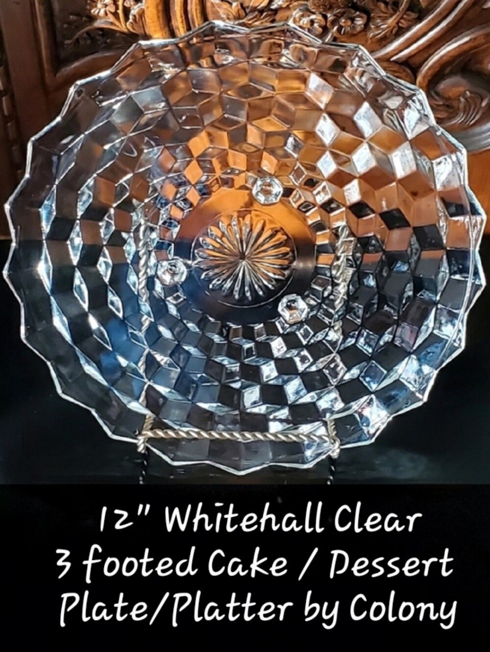 1960s "Whitehall Clear" 12" Cake/Etc. 3-footed Cubist Glass Plate by Colony 🇺🇸